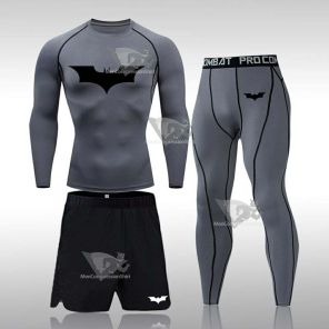 Grey Batman Gym Tights Three-Piece Men Gym Tights Compression Set