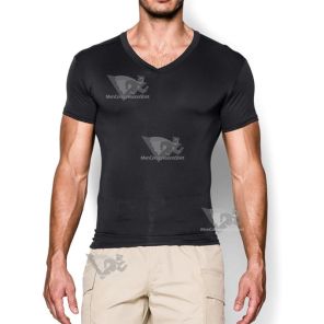 Mens Heatgear Tactical V-Neck Compression Black Short Sleeve Shirt