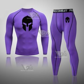 Mens Purple Rashguard Muscle-Fit Long Sleeve Compression Set