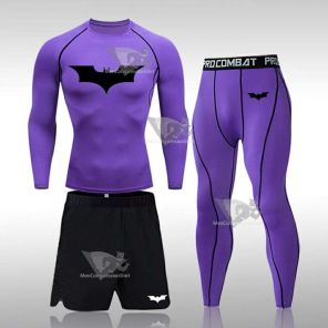 Purple Batman Gym Tights Three-Piece Men Gym Tights Compression Set