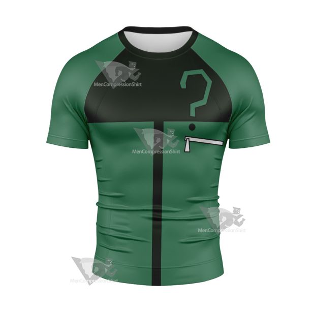 Young Justice Riddler Green Question Mark Short Sleeve Compression Shirt